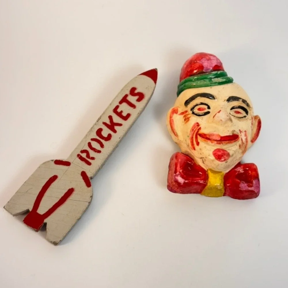 Vintage Pins Clown and Rocket Multicolor Weird Folk Art Kitsch 1950s Style Boho